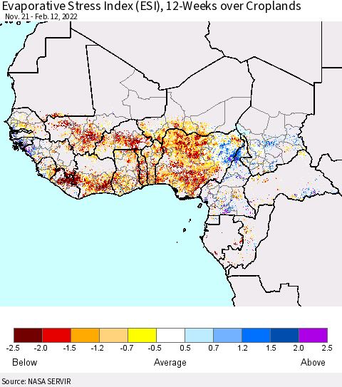 Western Africa Evaporative Stress Index (ESI), 12-Weeks over Croplands Thematic Map For 2/7/2022 - 2/13/2022