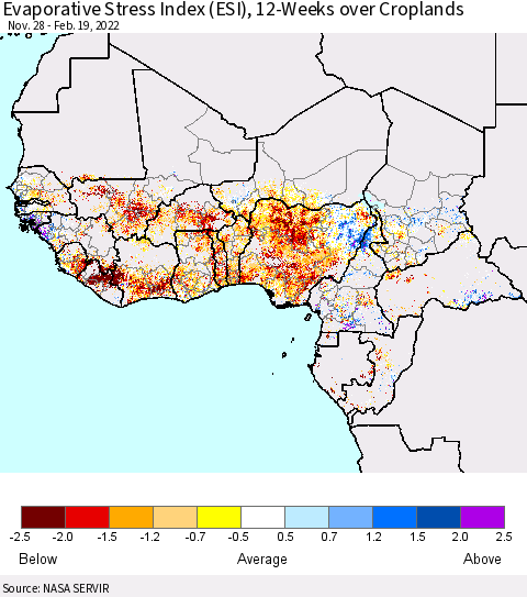 Western Africa Evaporative Stress Index (ESI), 12-Weeks over Croplands Thematic Map For 2/14/2022 - 2/20/2022