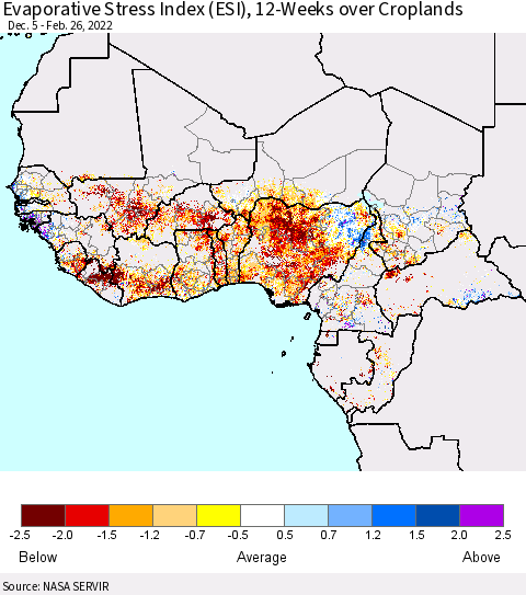 Western Africa Evaporative Stress Index (ESI), 12-Weeks over Croplands Thematic Map For 2/21/2022 - 2/27/2022