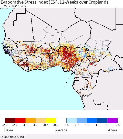 Western Africa Evaporative Stress Index (ESI), 12-Weeks over Croplands Thematic Map For 2/28/2022 - 3/6/2022