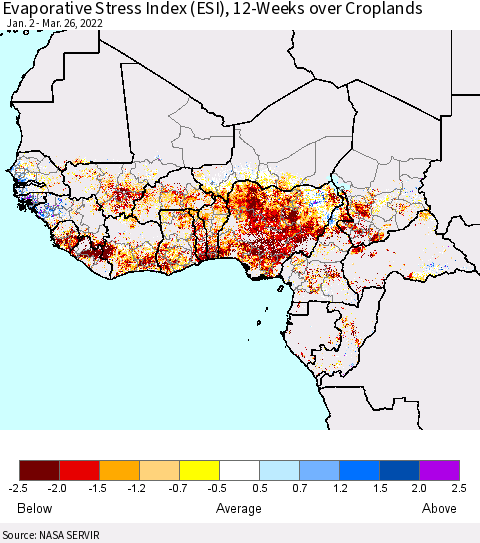 Western Africa Evaporative Stress Index (ESI), 12-Weeks over Croplands Thematic Map For 3/21/2022 - 3/27/2022