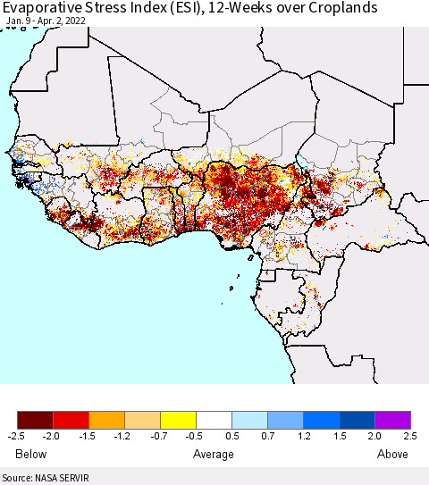 Western Africa Evaporative Stress Index (ESI), 12-Weeks over Croplands Thematic Map For 3/28/2022 - 4/3/2022