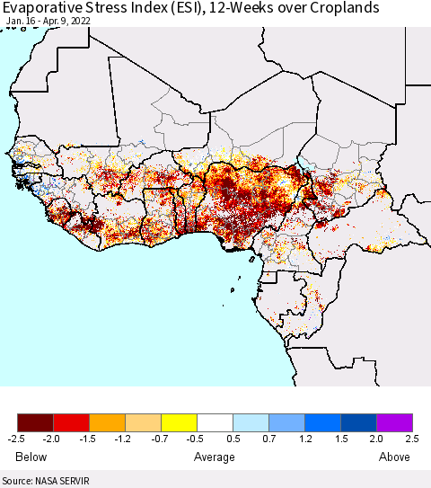 Western Africa Evaporative Stress Index (ESI), 12-Weeks over Croplands Thematic Map For 4/4/2022 - 4/10/2022