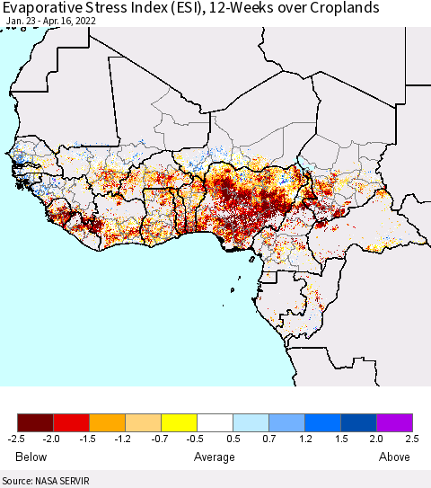 Western Africa Evaporative Stress Index (ESI), 12-Weeks over Croplands Thematic Map For 4/11/2022 - 4/17/2022