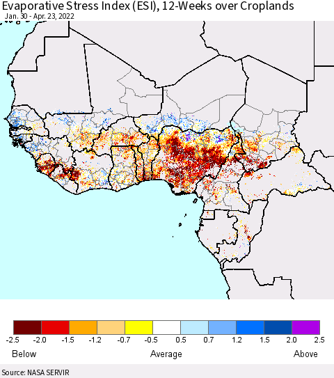 Western Africa Evaporative Stress Index (ESI), 12-Weeks over Croplands Thematic Map For 4/18/2022 - 4/24/2022