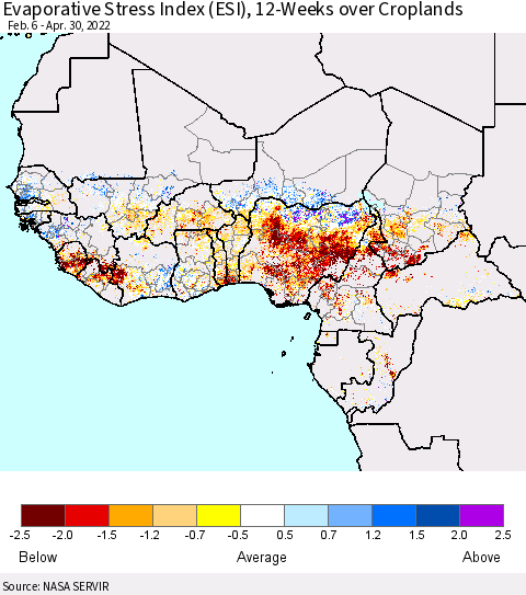Western Africa Evaporative Stress Index (ESI), 12-Weeks over Croplands Thematic Map For 4/25/2022 - 5/1/2022