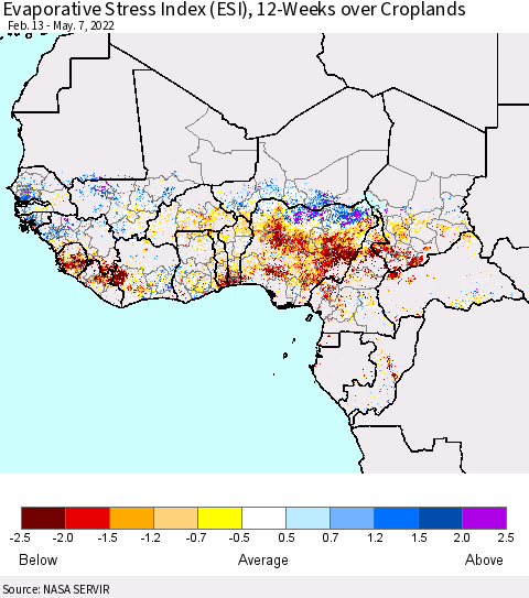 Western Africa Evaporative Stress Index (ESI), 12-Weeks over Croplands Thematic Map For 5/2/2022 - 5/8/2022