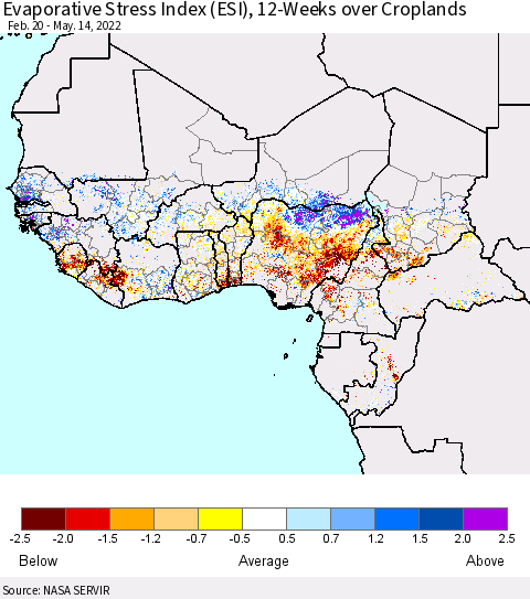 Western Africa Evaporative Stress Index (ESI), 12-Weeks over Croplands Thematic Map For 5/9/2022 - 5/15/2022