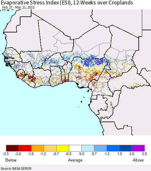 Western Africa Evaporative Stress Index (ESI), 12-Weeks over Croplands Thematic Map For 5/16/2022 - 5/22/2022