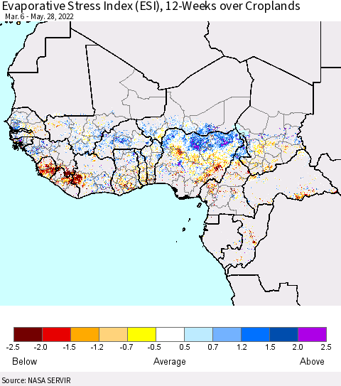 Western Africa Evaporative Stress Index (ESI), 12-Weeks over Croplands Thematic Map For 5/23/2022 - 5/29/2022