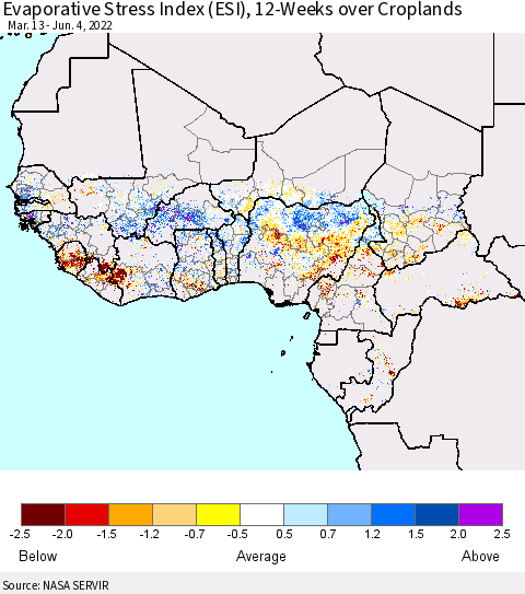 Western Africa Evaporative Stress Index (ESI), 12-Weeks over Croplands Thematic Map For 5/30/2022 - 6/5/2022