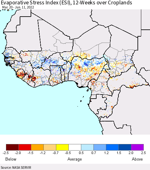 Western Africa Evaporative Stress Index (ESI), 12-Weeks over Croplands Thematic Map For 6/6/2022 - 6/12/2022