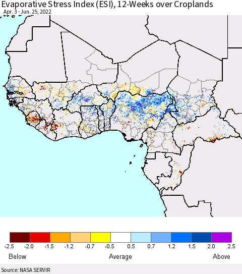 Western Africa Evaporative Stress Index (ESI), 12-Weeks over Croplands Thematic Map For 6/20/2022 - 6/26/2022