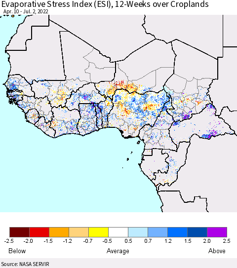 Western Africa Evaporative Stress Index (ESI), 12-Weeks over Croplands Thematic Map For 6/27/2022 - 7/3/2022