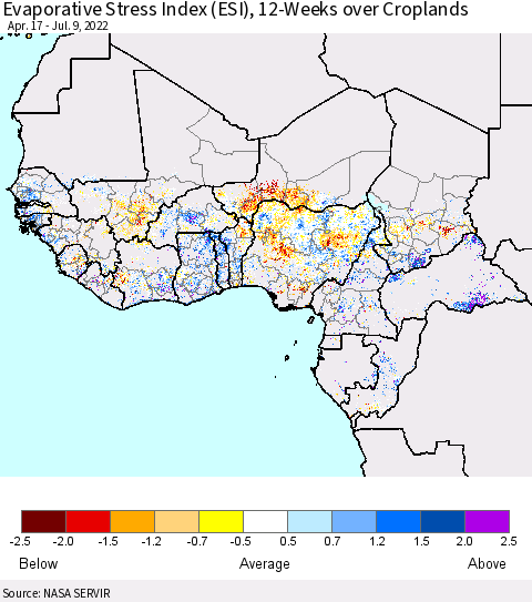 Western Africa Evaporative Stress Index (ESI), 12-Weeks over Croplands Thematic Map For 7/4/2022 - 7/10/2022