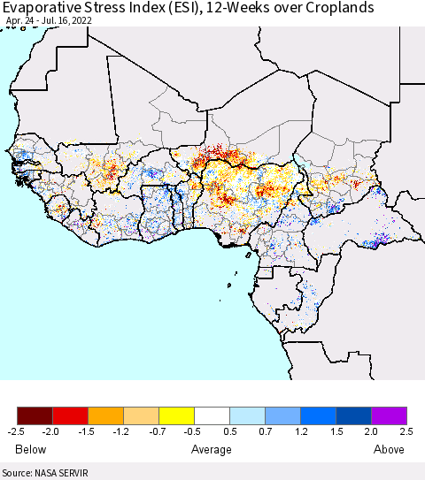 Western Africa Evaporative Stress Index (ESI), 12-Weeks over Croplands Thematic Map For 7/11/2022 - 7/17/2022