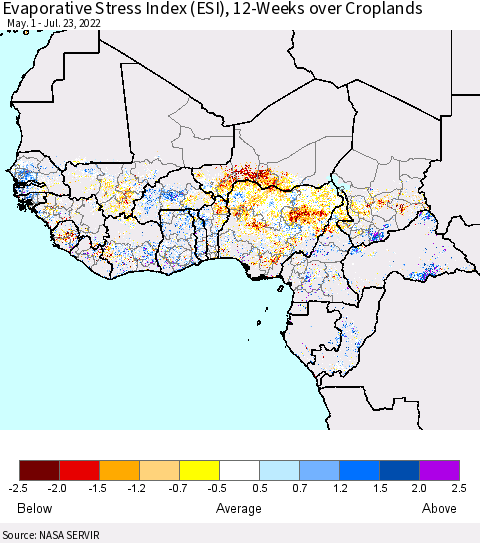 Western Africa Evaporative Stress Index (ESI), 12-Weeks over Croplands Thematic Map For 7/18/2022 - 7/24/2022
