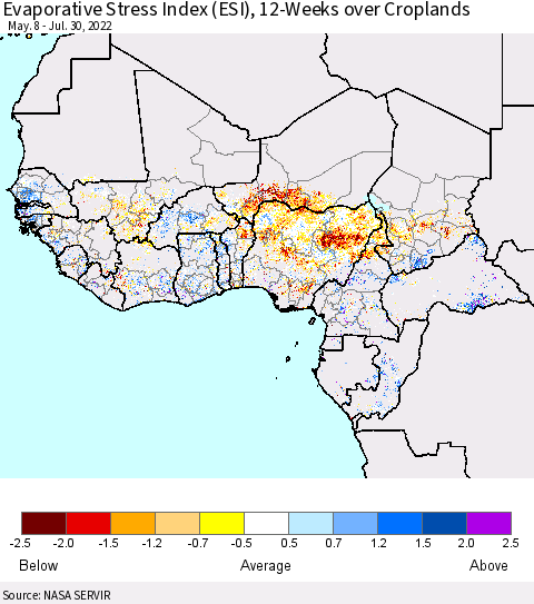 Western Africa Evaporative Stress Index (ESI), 12-Weeks over Croplands Thematic Map For 7/25/2022 - 7/31/2022