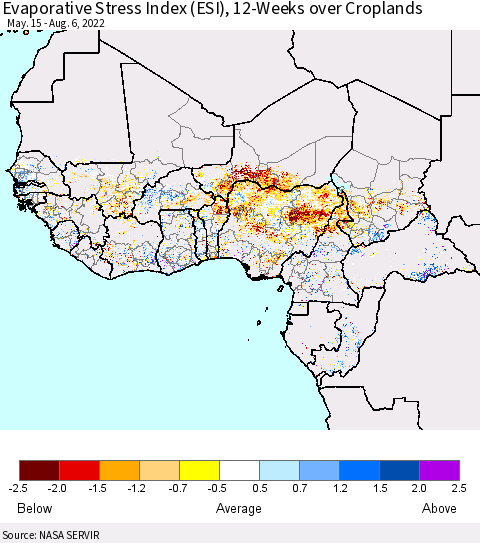 Western Africa Evaporative Stress Index (ESI), 12-Weeks over Croplands Thematic Map For 8/1/2022 - 8/7/2022