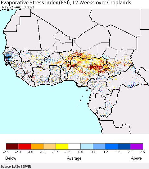 Western Africa Evaporative Stress Index (ESI), 12-Weeks over Croplands Thematic Map For 8/8/2022 - 8/14/2022