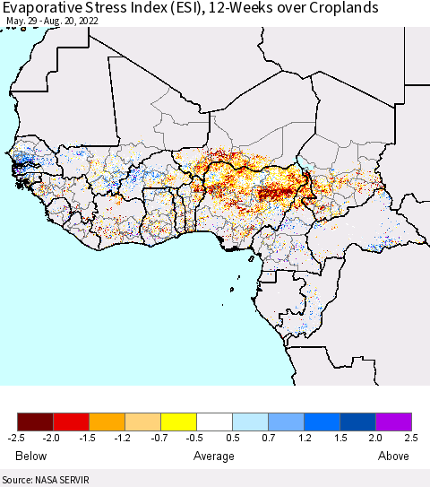 Western Africa Evaporative Stress Index (ESI), 12-Weeks over Croplands Thematic Map For 8/15/2022 - 8/21/2022
