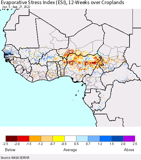 Western Africa Evaporative Stress Index (ESI), 12-Weeks over Croplands Thematic Map For 8/22/2022 - 8/28/2022