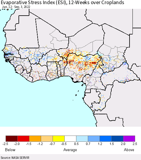 Western Africa Evaporative Stress Index (ESI), 12-Weeks over Croplands Thematic Map For 8/29/2022 - 9/4/2022