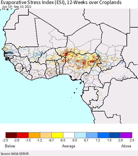 Western Africa Evaporative Stress Index (ESI), 12-Weeks over Croplands Thematic Map For 9/5/2022 - 9/11/2022