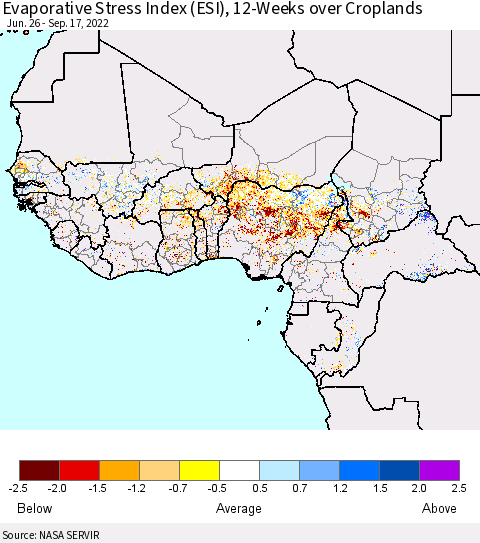 Western Africa Evaporative Stress Index (ESI), 12-Weeks over Croplands Thematic Map For 9/12/2022 - 9/18/2022