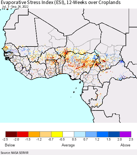 Western Africa Evaporative Stress Index (ESI), 12-Weeks over Croplands Thematic Map For 9/19/2022 - 9/25/2022