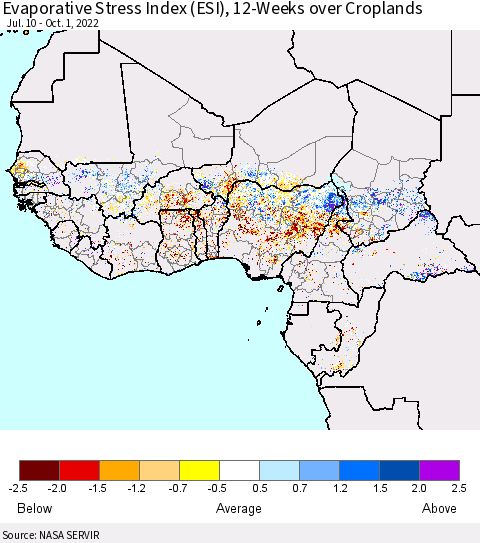 Western Africa Evaporative Stress Index (ESI), 12-Weeks over Croplands Thematic Map For 9/26/2022 - 10/2/2022
