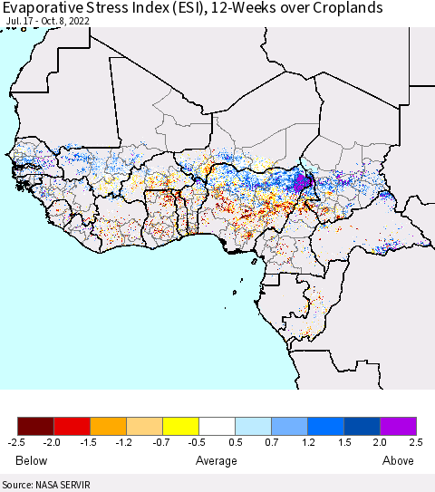 Western Africa Evaporative Stress Index (ESI), 12-Weeks over Croplands Thematic Map For 10/3/2022 - 10/9/2022