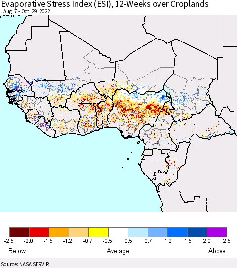 Western Africa Evaporative Stress Index (ESI), 12-Weeks over Croplands Thematic Map For 10/24/2022 - 10/30/2022