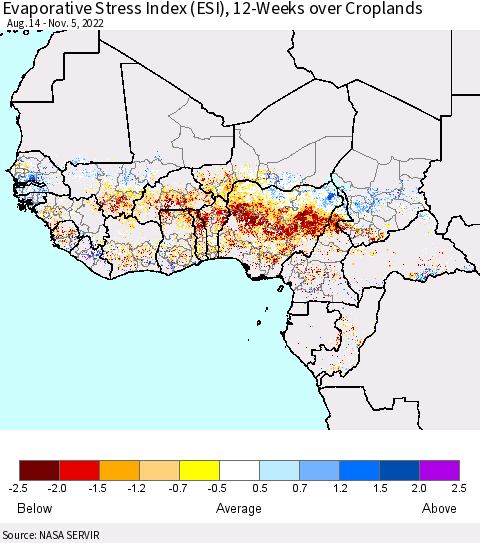 Western Africa Evaporative Stress Index (ESI), 12-Weeks over Croplands Thematic Map For 10/31/2022 - 11/6/2022