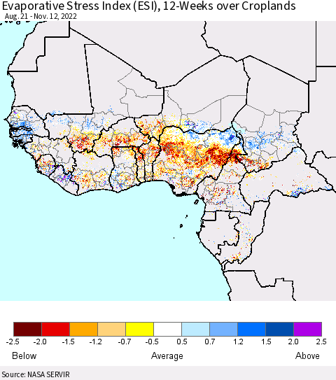 Western Africa Evaporative Stress Index (ESI), 12-Weeks over Croplands Thematic Map For 11/7/2022 - 11/13/2022