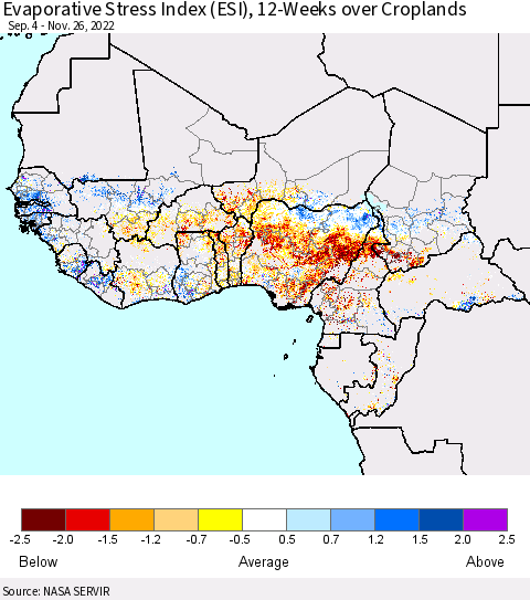 Western Africa Evaporative Stress Index (ESI), 12-Weeks over Croplands Thematic Map For 11/21/2022 - 11/27/2022