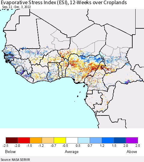 Western Africa Evaporative Stress Index (ESI), 12-Weeks over Croplands Thematic Map For 11/28/2022 - 12/4/2022