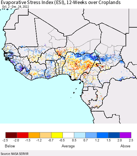 Western Africa Evaporative Stress Index (ESI), 12-Weeks over Croplands Thematic Map For 12/19/2022 - 12/25/2022