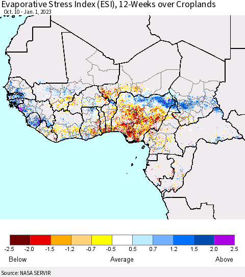 Western Africa Evaporative Stress Index (ESI), 12-Weeks over Croplands Thematic Map For 12/26/2022 - 1/1/2023