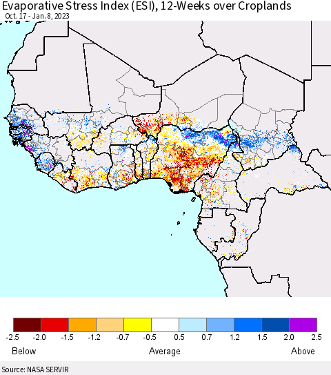 Western Africa Evaporative Stress Index (ESI), 12-Weeks over Croplands Thematic Map For 1/2/2023 - 1/8/2023