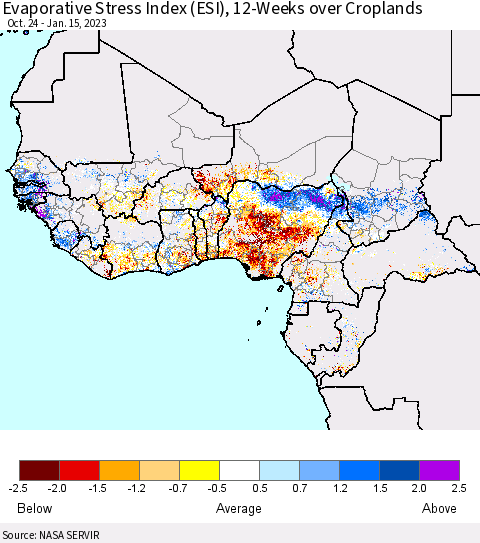 Western Africa Evaporative Stress Index (ESI), 12-Weeks over Croplands Thematic Map For 1/9/2023 - 1/15/2023