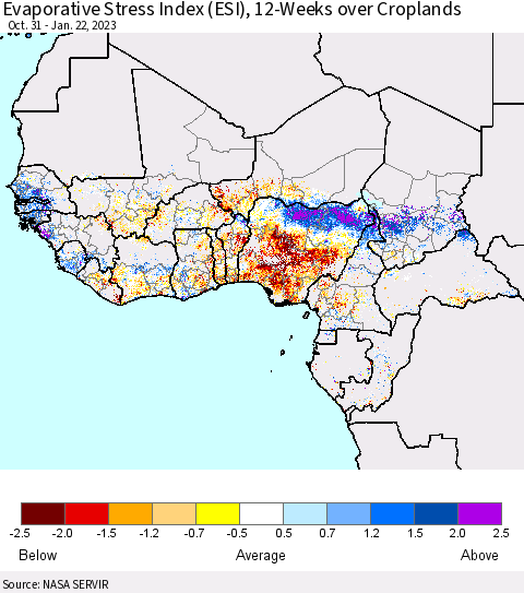 Western Africa Evaporative Stress Index (ESI), 12-Weeks over Croplands Thematic Map For 1/16/2023 - 1/22/2023