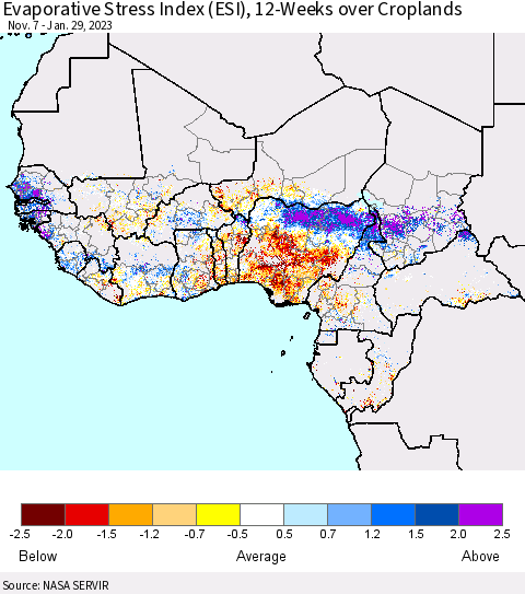 Western Africa Evaporative Stress Index (ESI), 12-Weeks over Croplands Thematic Map For 1/23/2023 - 1/29/2023