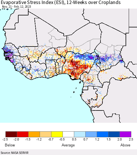 Western Africa Evaporative Stress Index (ESI), 12-Weeks over Croplands Thematic Map For 2/6/2023 - 2/12/2023