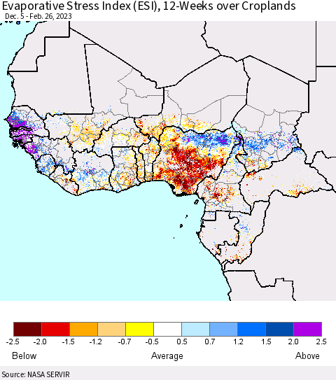 Western Africa Evaporative Stress Index (ESI), 12-Weeks over Croplands Thematic Map For 2/20/2023 - 2/26/2023
