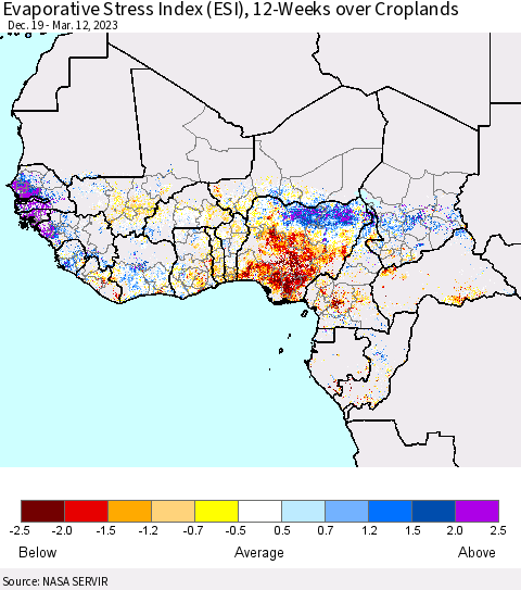 Western Africa Evaporative Stress Index (ESI), 12-Weeks over Croplands Thematic Map For 3/6/2023 - 3/12/2023