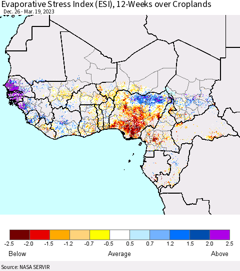 Western Africa Evaporative Stress Index (ESI), 12-Weeks over Croplands Thematic Map For 3/13/2023 - 3/19/2023