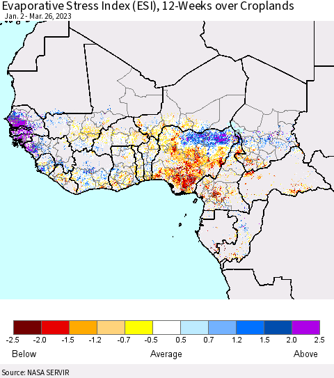 Western Africa Evaporative Stress Index (ESI), 12-Weeks over Croplands Thematic Map For 3/20/2023 - 3/26/2023