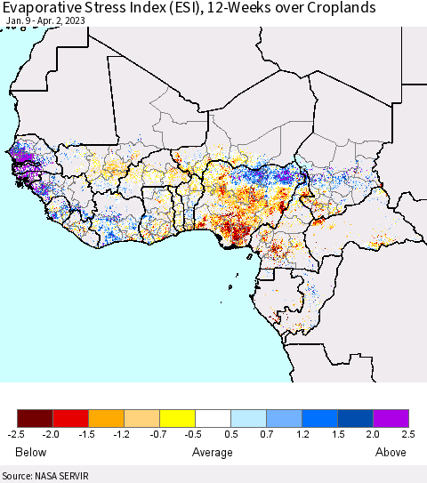 Western Africa Evaporative Stress Index (ESI), 12-Weeks over Croplands Thematic Map For 3/27/2023 - 4/2/2023