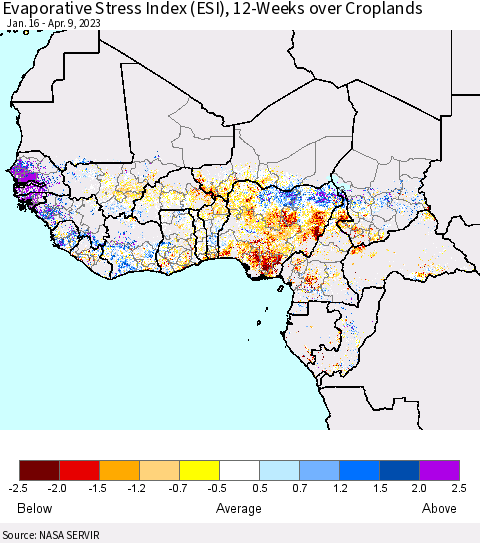 Western Africa Evaporative Stress Index (ESI), 12-Weeks over Croplands Thematic Map For 4/3/2023 - 4/9/2023